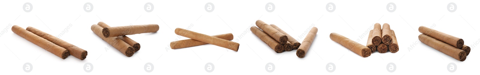 Image of Set of cigars wrapped in tobacco leaves on white background. Banner design