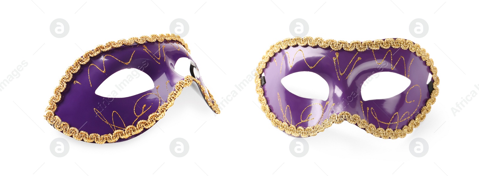 Image of Beautiful carnival masks on white background, closeup. Banner design