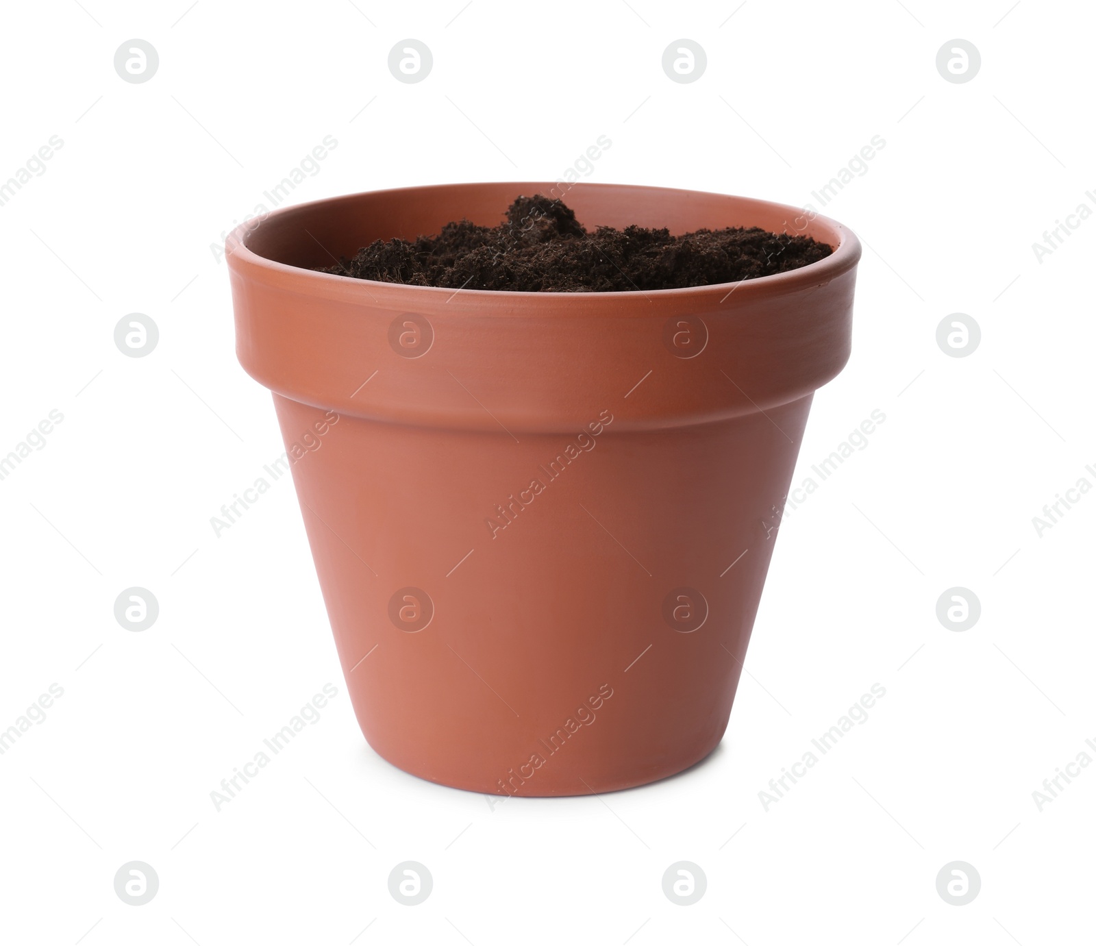 Photo of Stylish terracotta flower pot with soil isolated on white