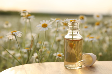 Photo of Bottle of essential oil with chamomile flower and pipette on wooden table in field. Space for text