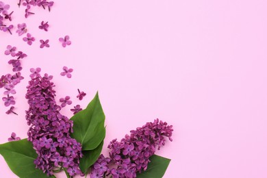 Flat lay composition with beautiful lilac flowers and green leaves on pale pink background. Space for text