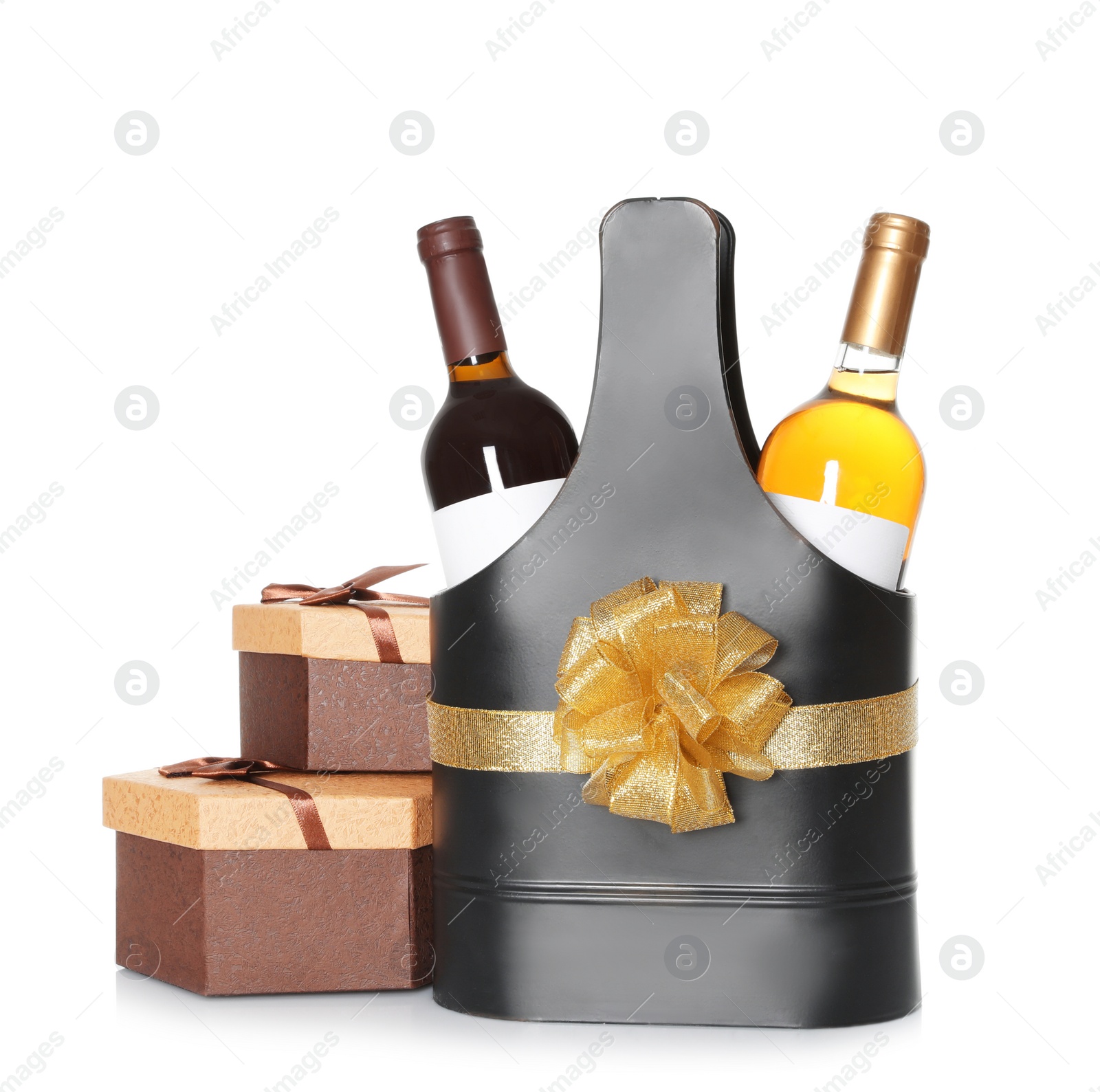 Photo of Festive package with bottles of wine and gift boxes on white background