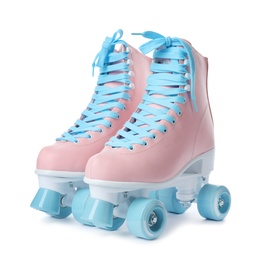 Photo of Pair of stylish quad roller skates on white background