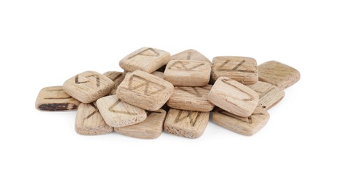 Photo of Pile of wooden runes isolated on white