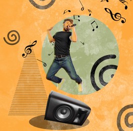 Creative collage for performance poster with man singing and jumping on bright background