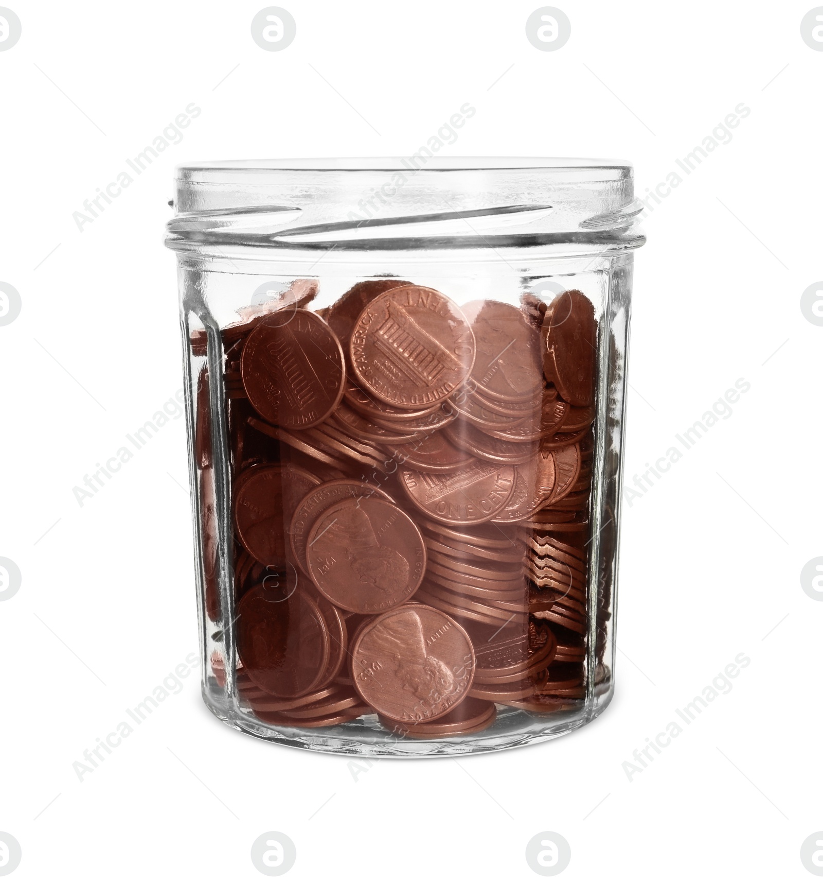 Photo of Glass jar with coins isolated on white background