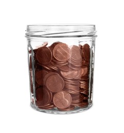 Glass jar with coins isolated on white background