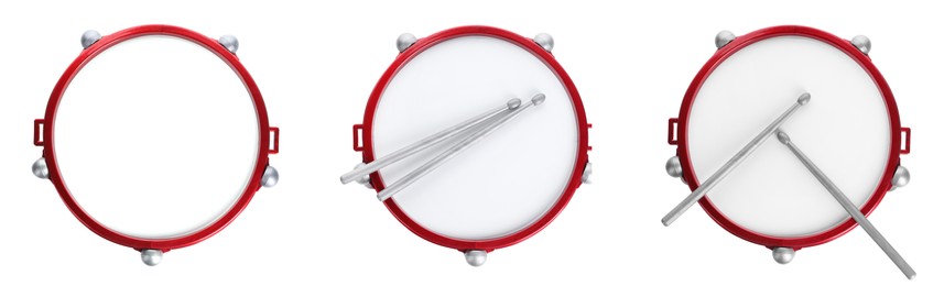 Image of Bright toy drums and sticks on white background, top view