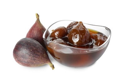 Photo of Bowl of tasty sweet jam and fresh figs isolated on white