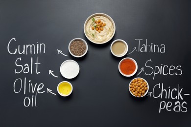 Photo of Delicious hummus, ingredients and chalk written products names on black background, flat lay