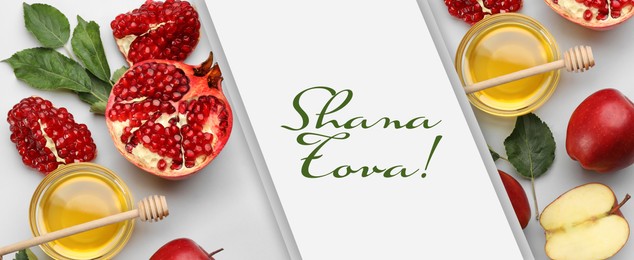 Image of Flat lay composition with Rosh Hashanah holiday attributes on white background. Banner design