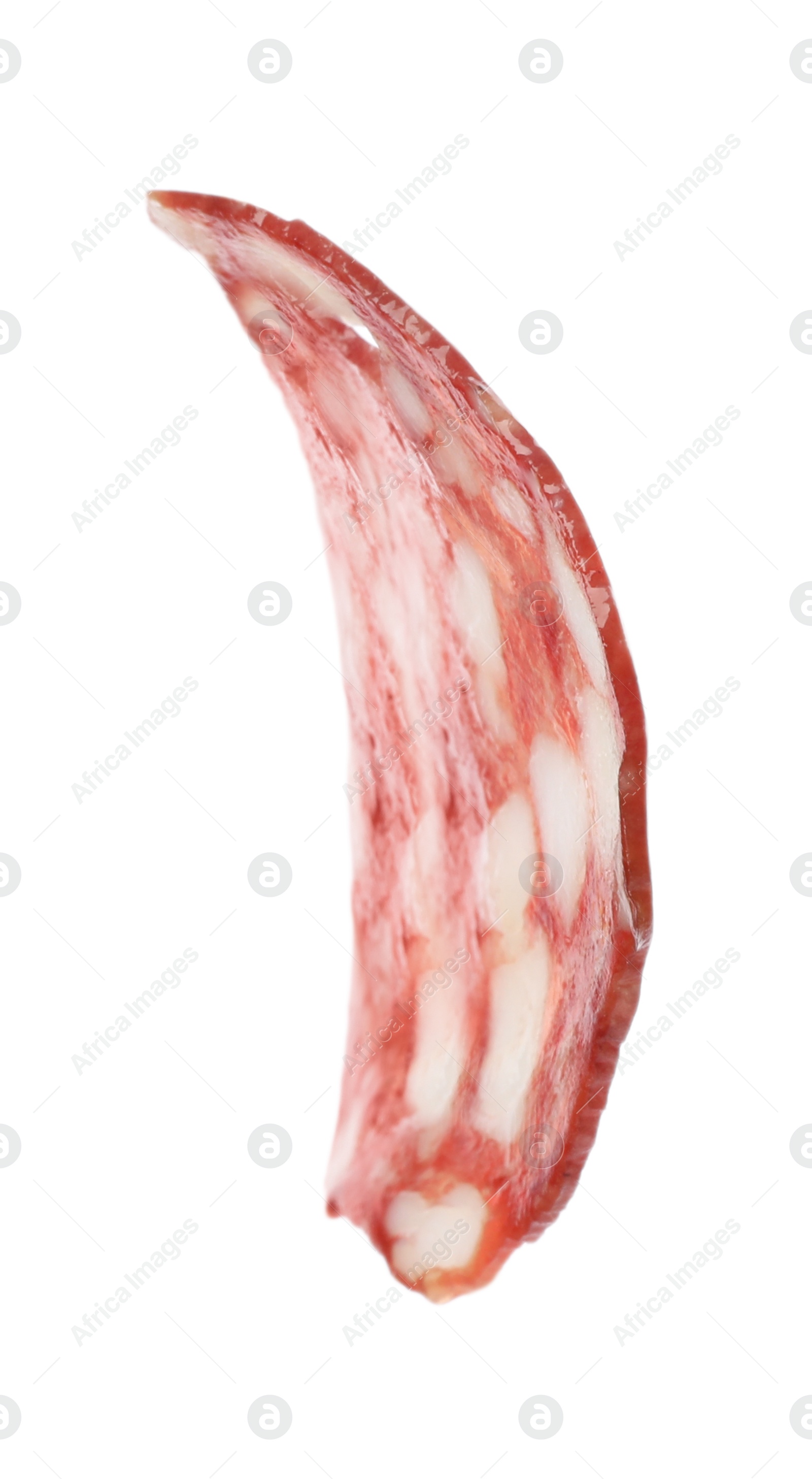 Photo of Cut fresh tasty sausage on white background