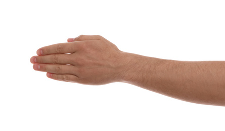 Photo of Man against white background, closeup of hand