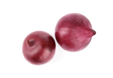 Fresh whole red onions on white background, top view