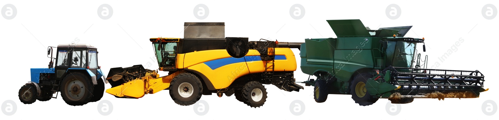 Image of Set of different agricultural machinery on white background. Banner design 