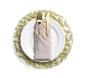 Beautiful table setting with golden cutlery and plates on white background, top view