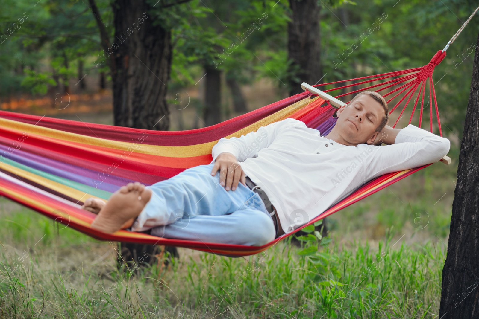 Photo of Man resting in comfortable hammock at green garden