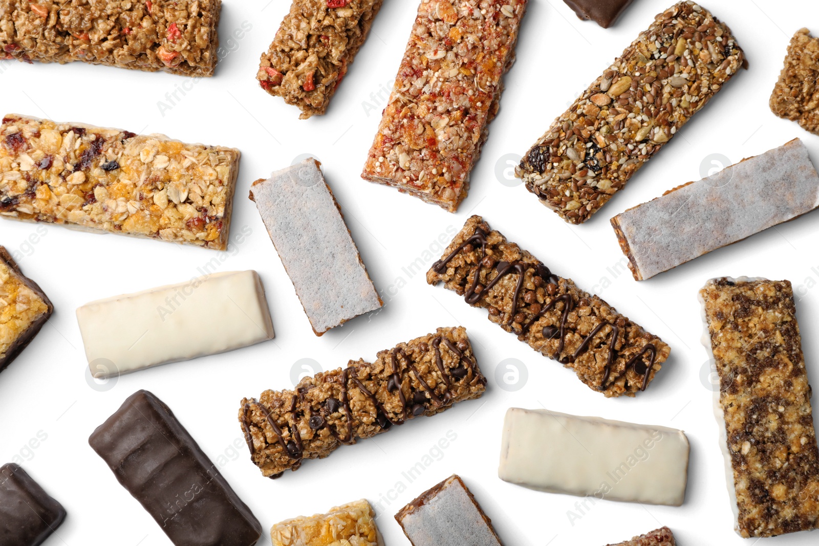 Photo of Flat lay composition with protein bars on white background