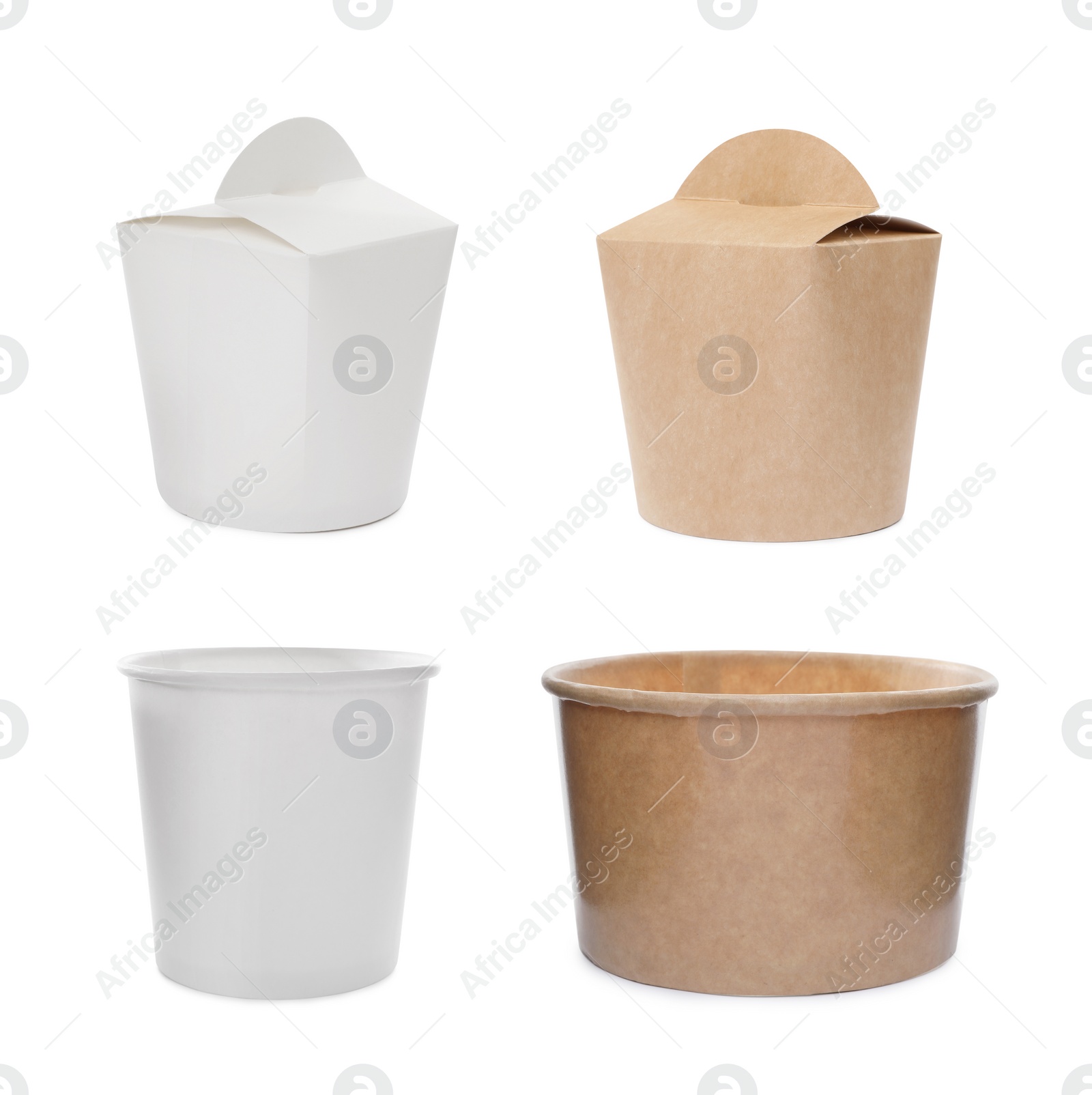 Image of Set with different paper containers for food on white background