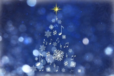 Image of Christmas tree made of music notes and snowflakes against blue background. Bokeh effect