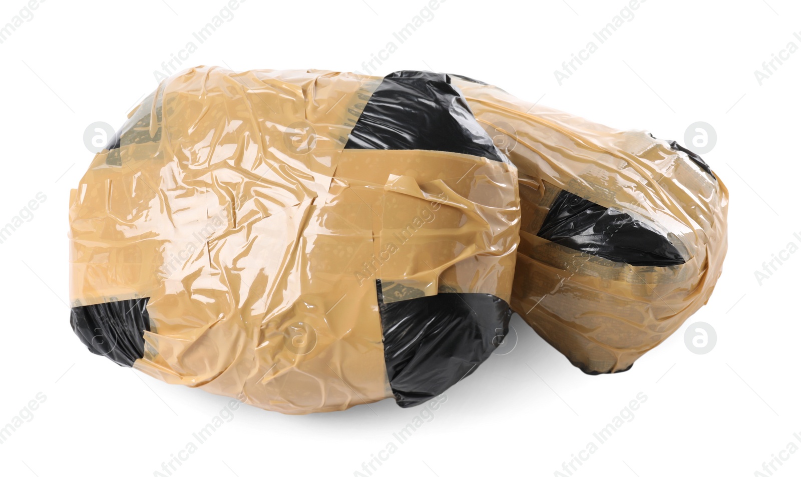 Photo of Packages with narcotics isolated on white. Drug addiction