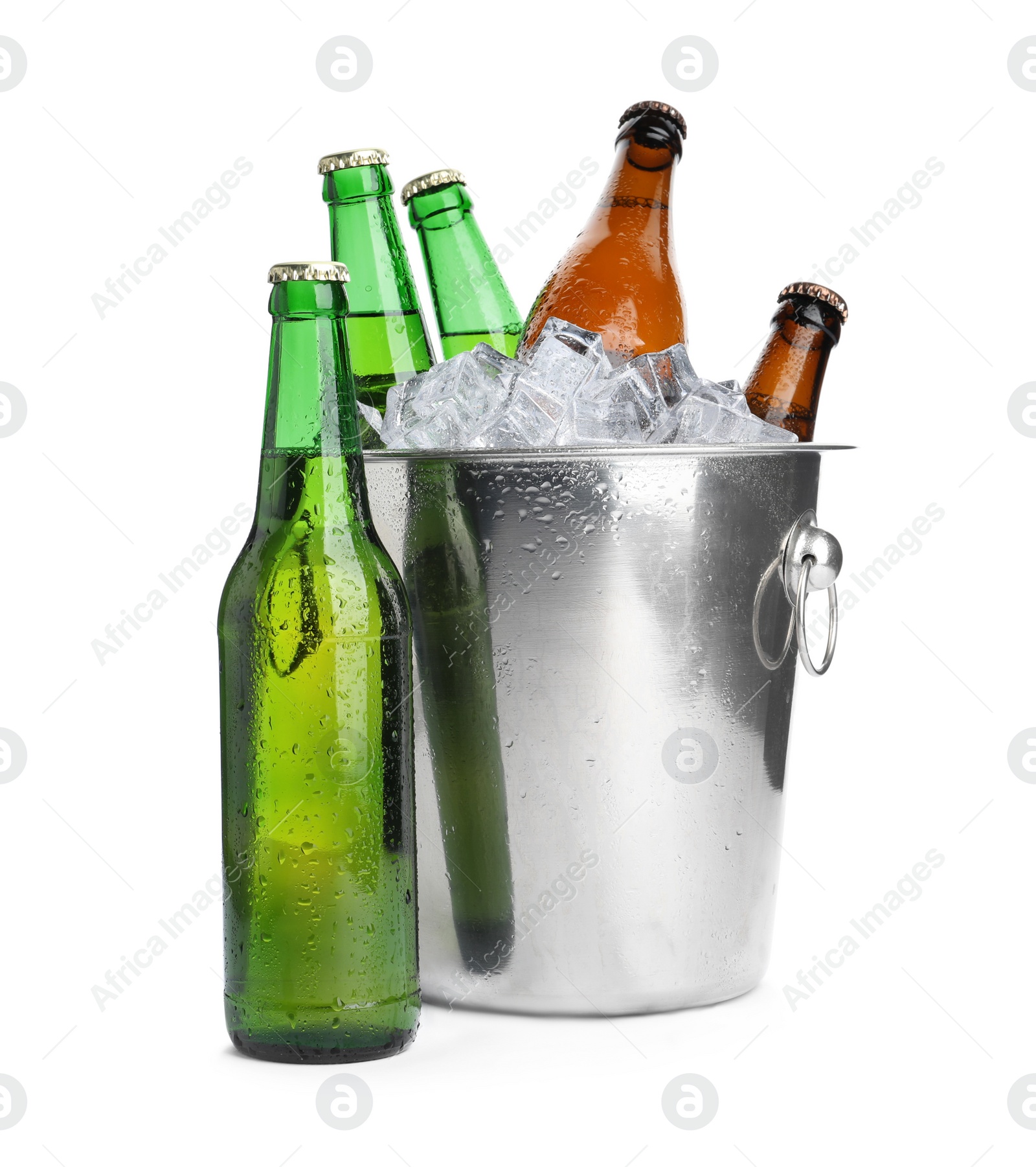 Photo of Metal bucket with bottles of beer and ice cubes isolated on white