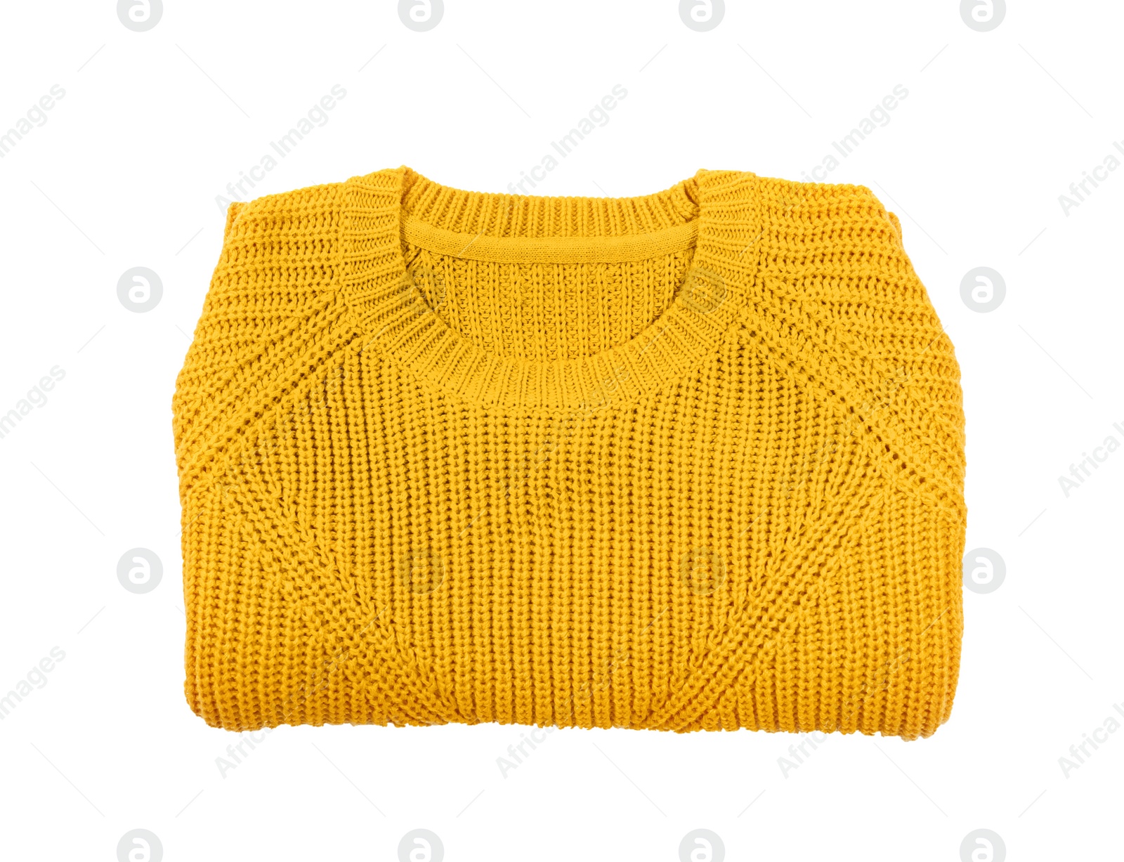 Photo of Folded cozy warm sweater on white background, top view