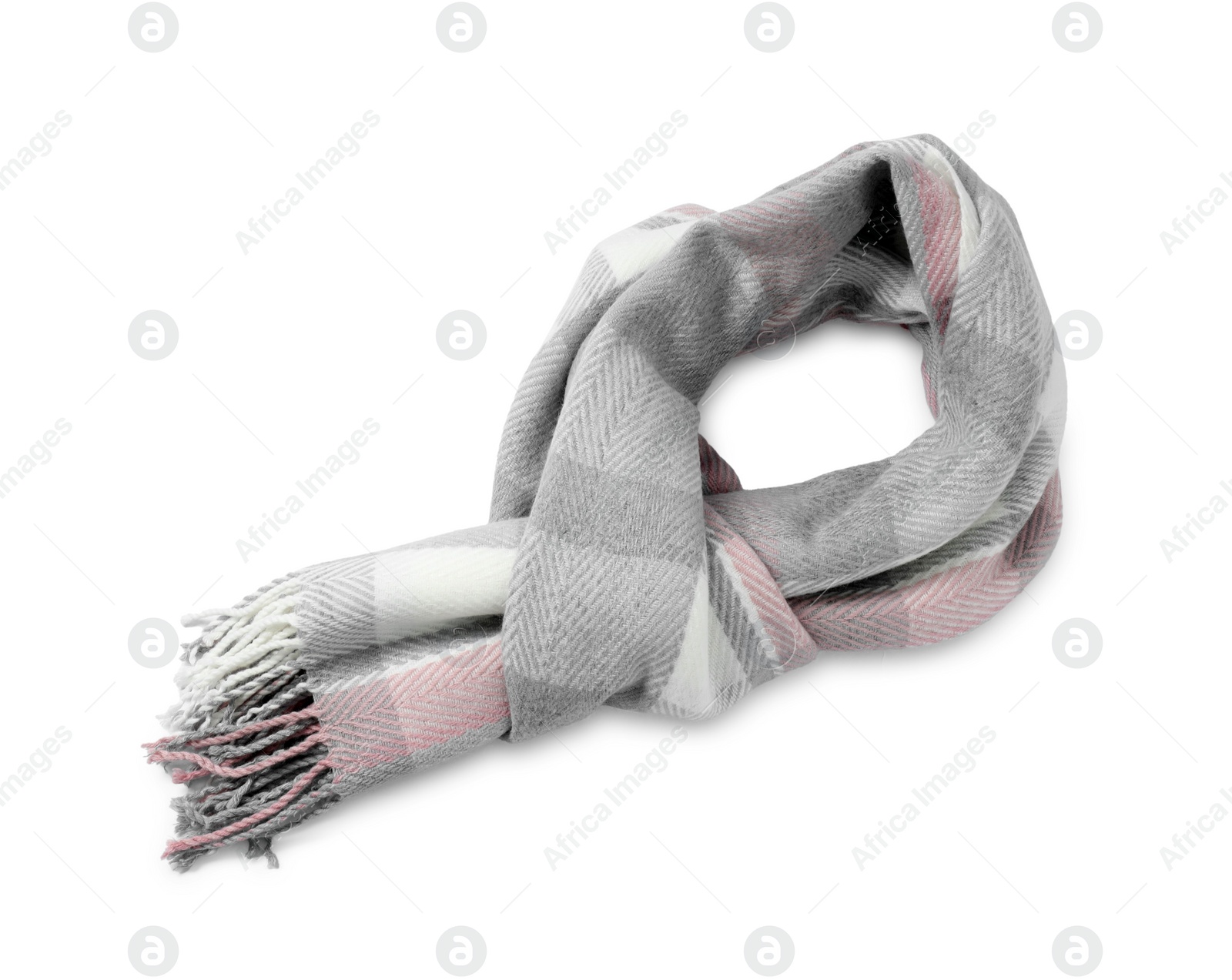 Photo of One beautiful checkered scarf on white background, top view