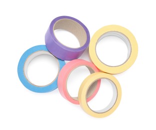 Many different rolls of adhesive tape on white background, top view