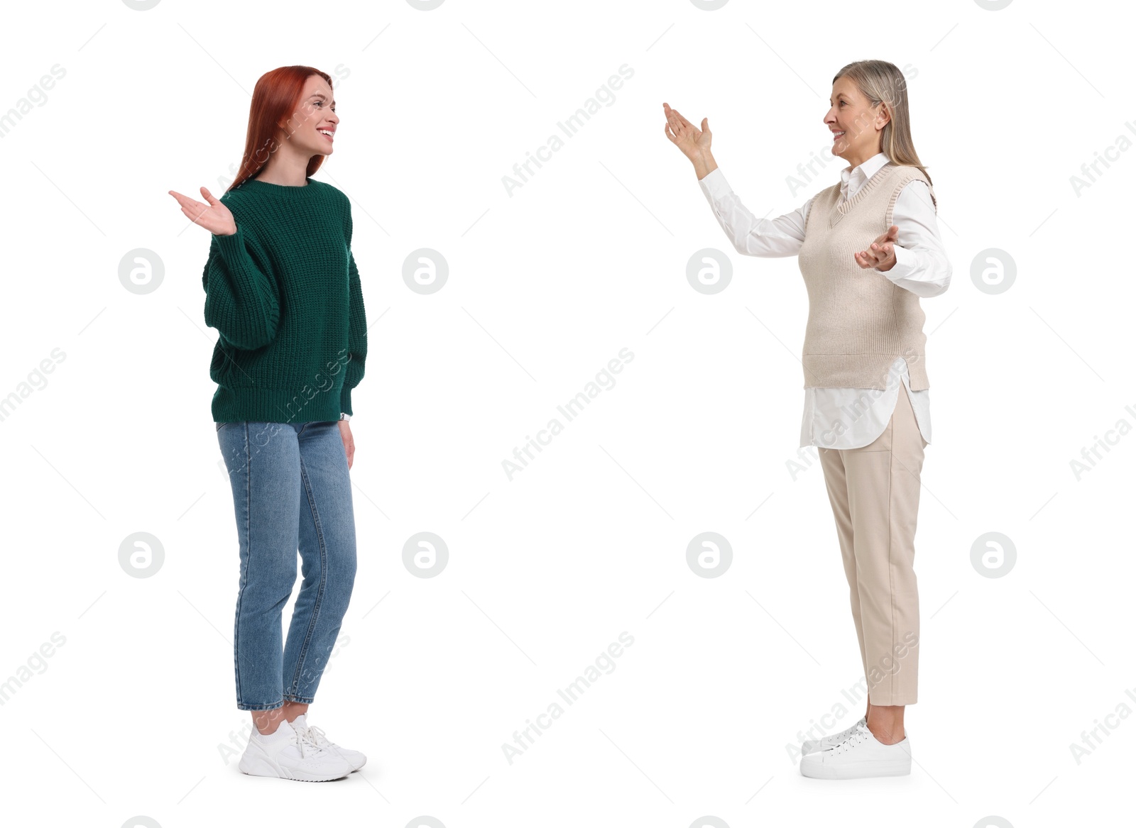 Image of Two women talking on white background. Dialogue