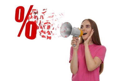 Image of Discount offer. Woman shouting into megaphone on white background. Percent sign coming out from device