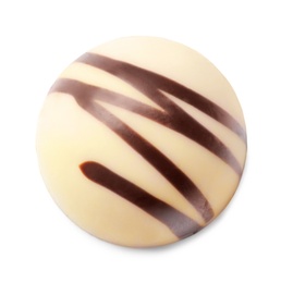 Delicious chocolate candy on white background, top view