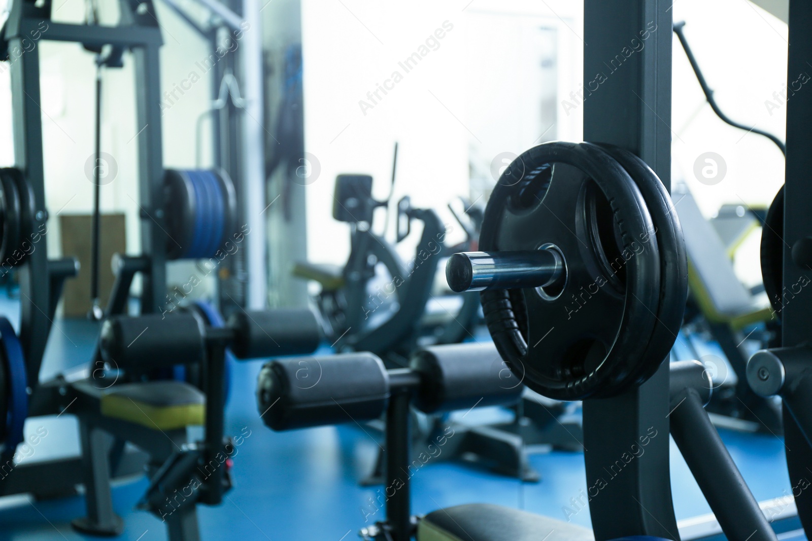 Photo of Plates on machine in modern gym with new equipment