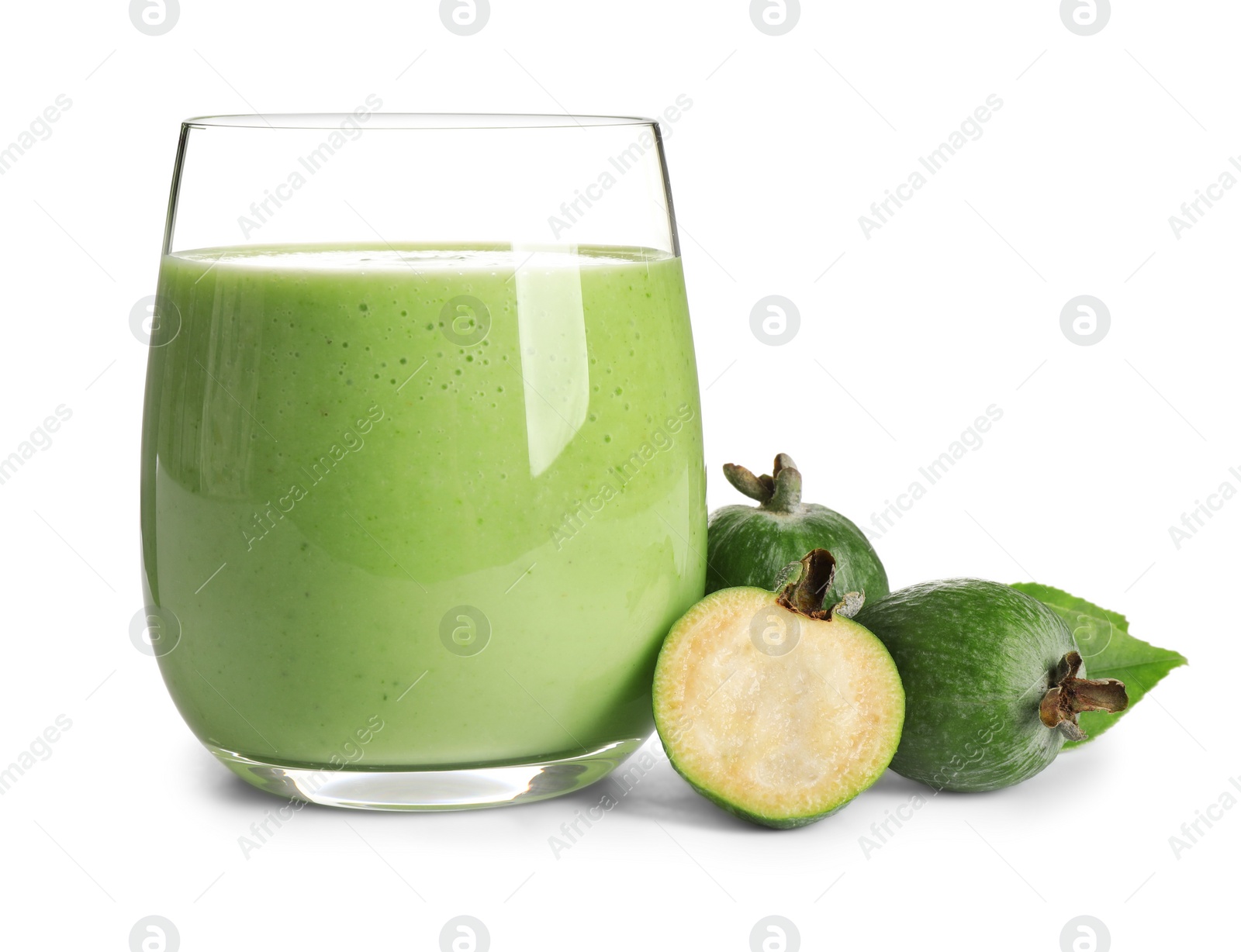 Photo of Fresh feijoa smoothie in glass and fresh fruits on white background