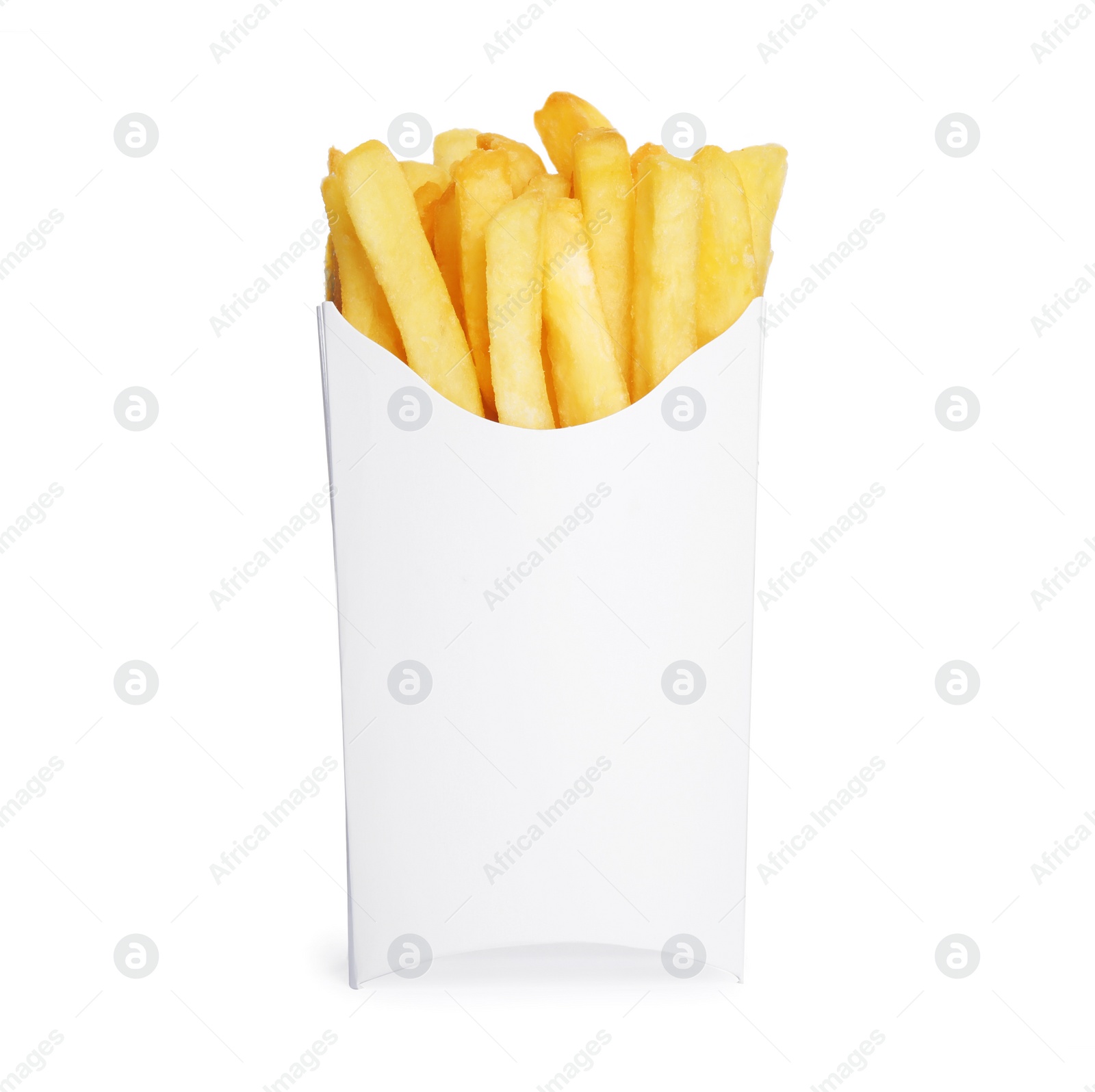 Photo of Paper takeout container with delicious french fries on white background