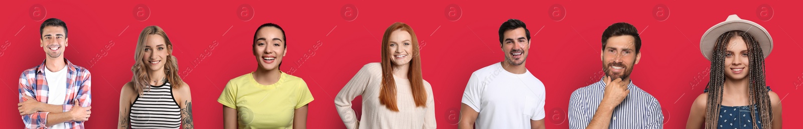 Image of Collage with portraits of happy people on red background