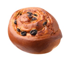 Photo of One delicious roll with raisins isolated on white. Sweet bun
