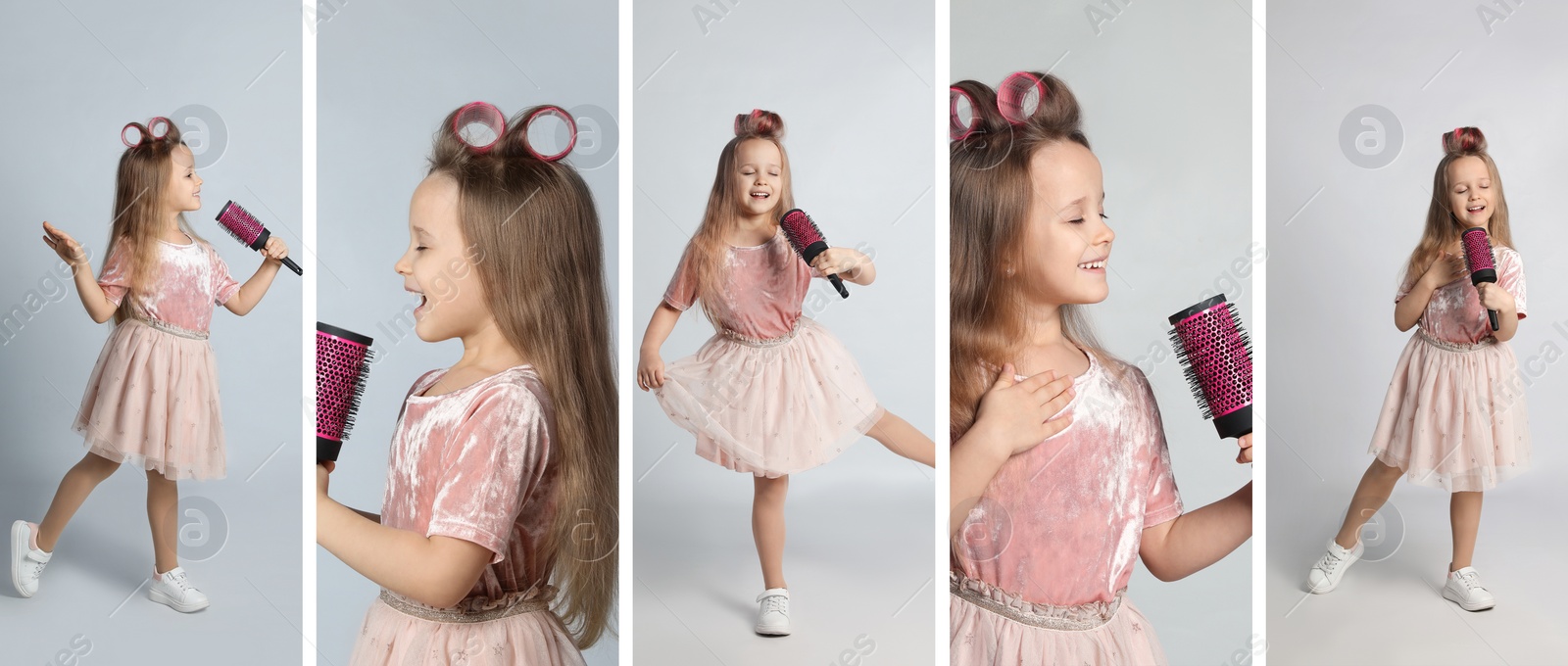 Image of Collage with photos of funny little girl singing on light grey background. Banner design