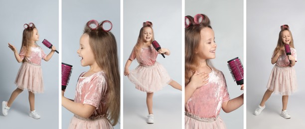 Image of Collage with photos of funny little girl singing on light grey background. Banner design