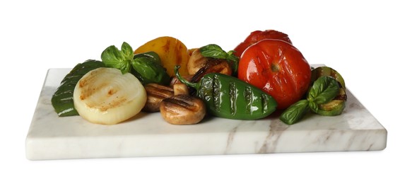 Photo of Different delicious grilled vegetables on white background. Banner design