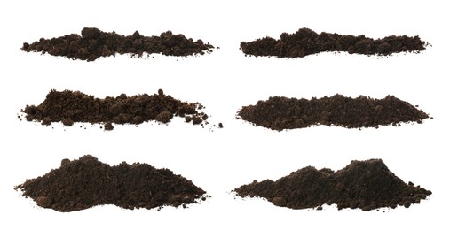 Image of Set with piles of fertile soil on white background