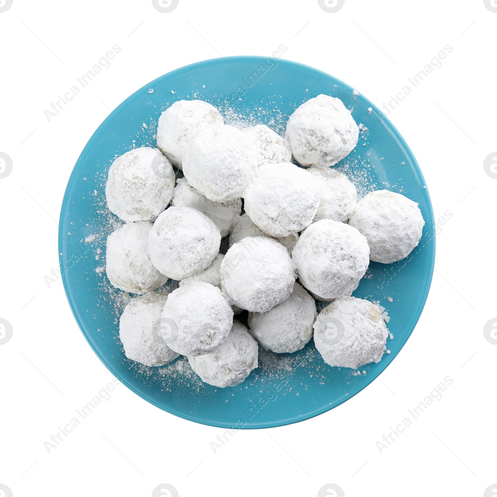 Photo of Tasty Christmas snowball cookies isolated on white, top view