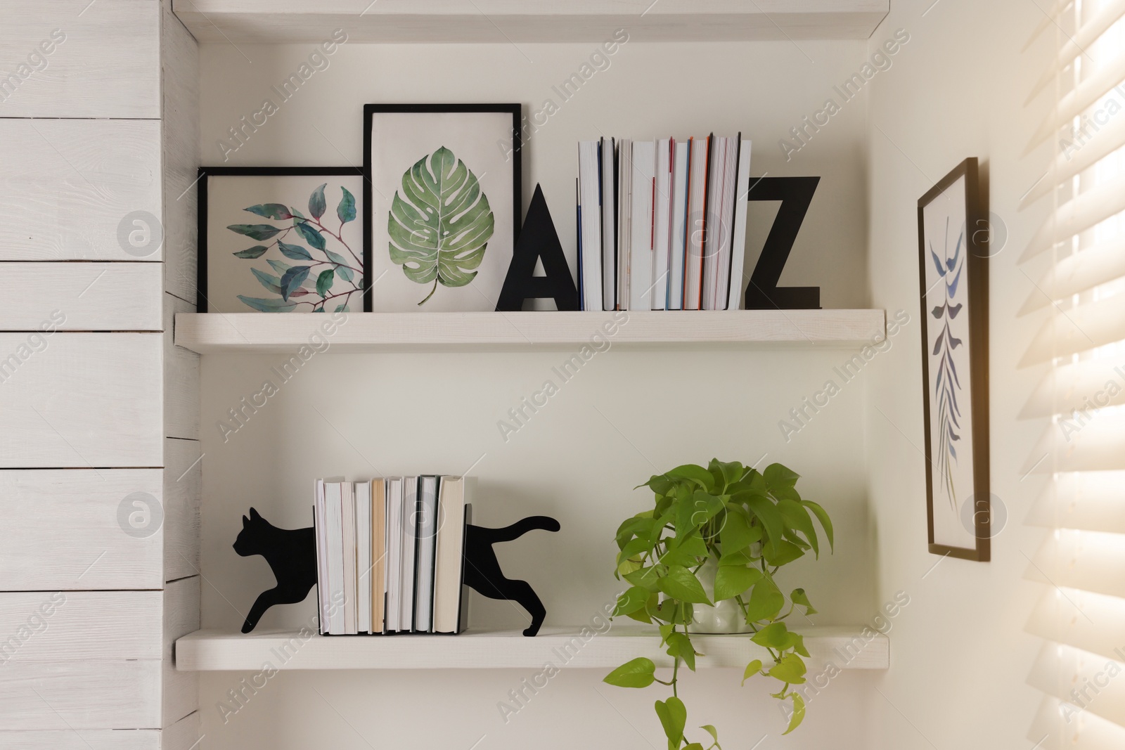 Photo of Bookends and other decor on shelves indoors. Interior design