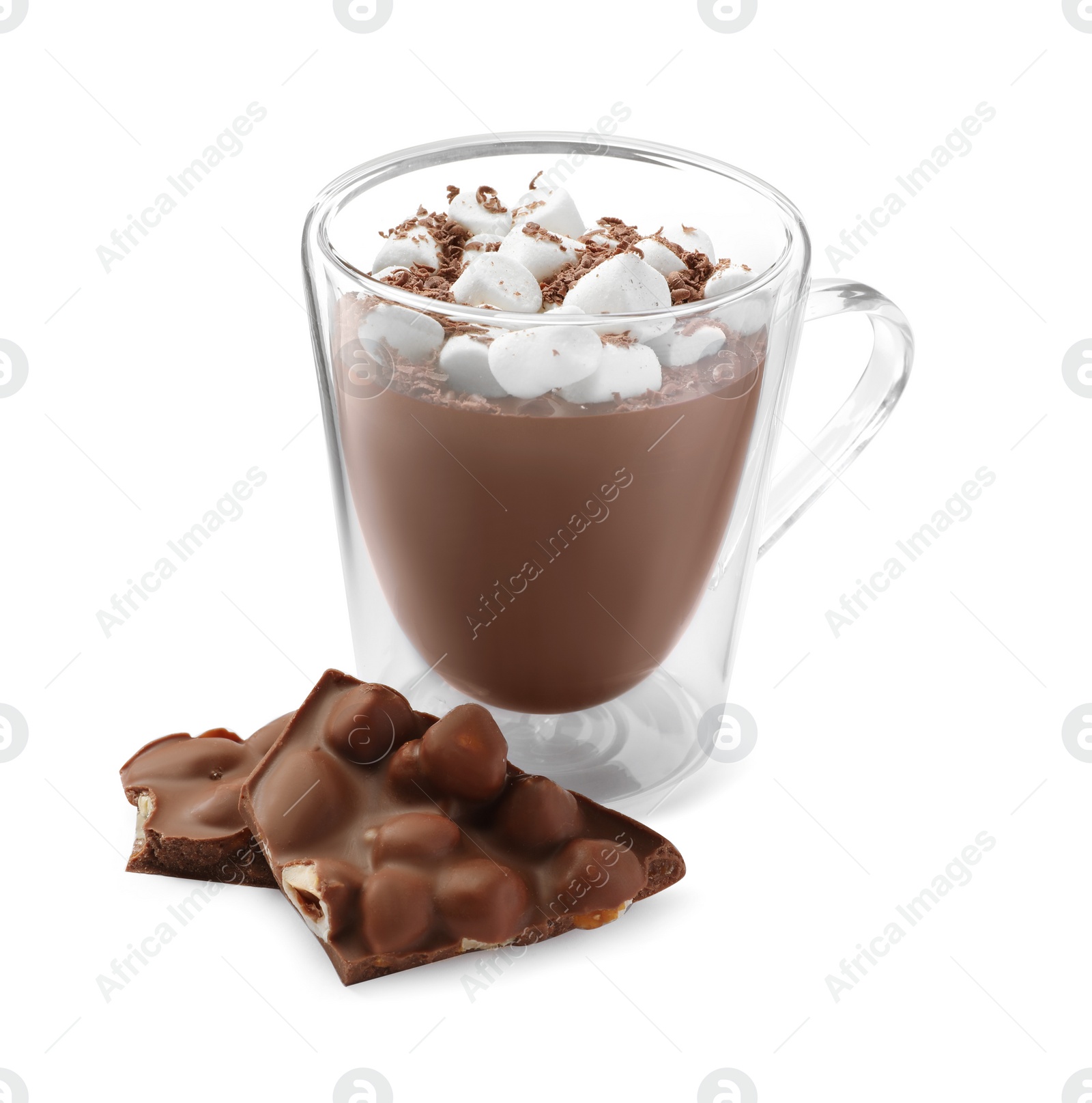 Photo of Glass cup of delicious hot chocolate with marshmallows on white background