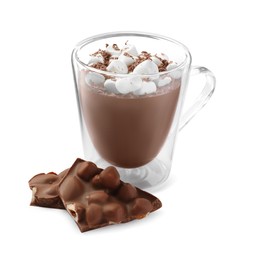 Photo of Glass cup of delicious hot chocolate with marshmallows on white background