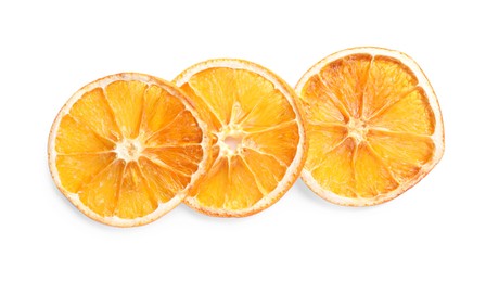Photo of Delicious dry orange slices on white background, top view