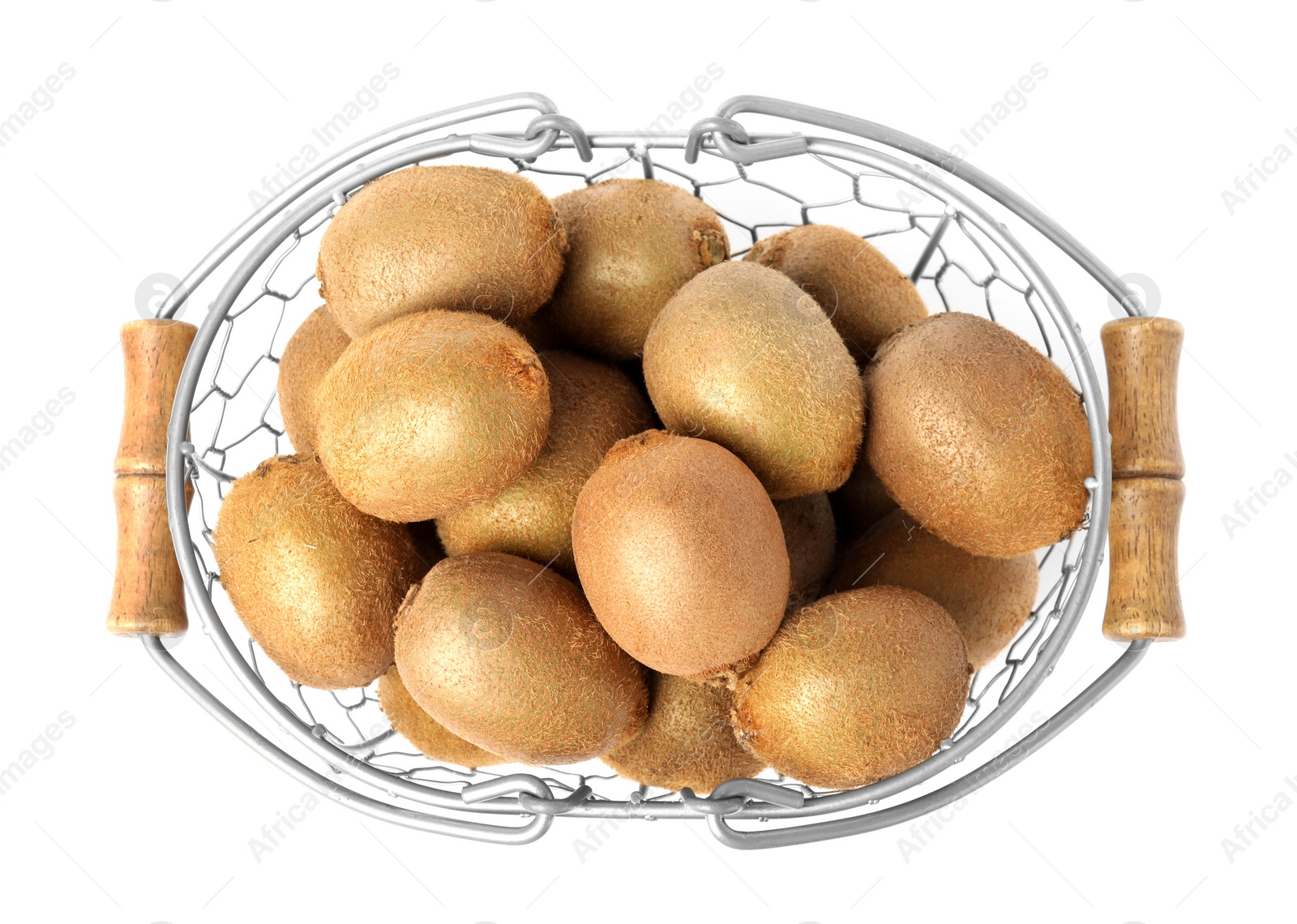 Photo of Whole fresh kiwis in metal basket isolated on white, top view