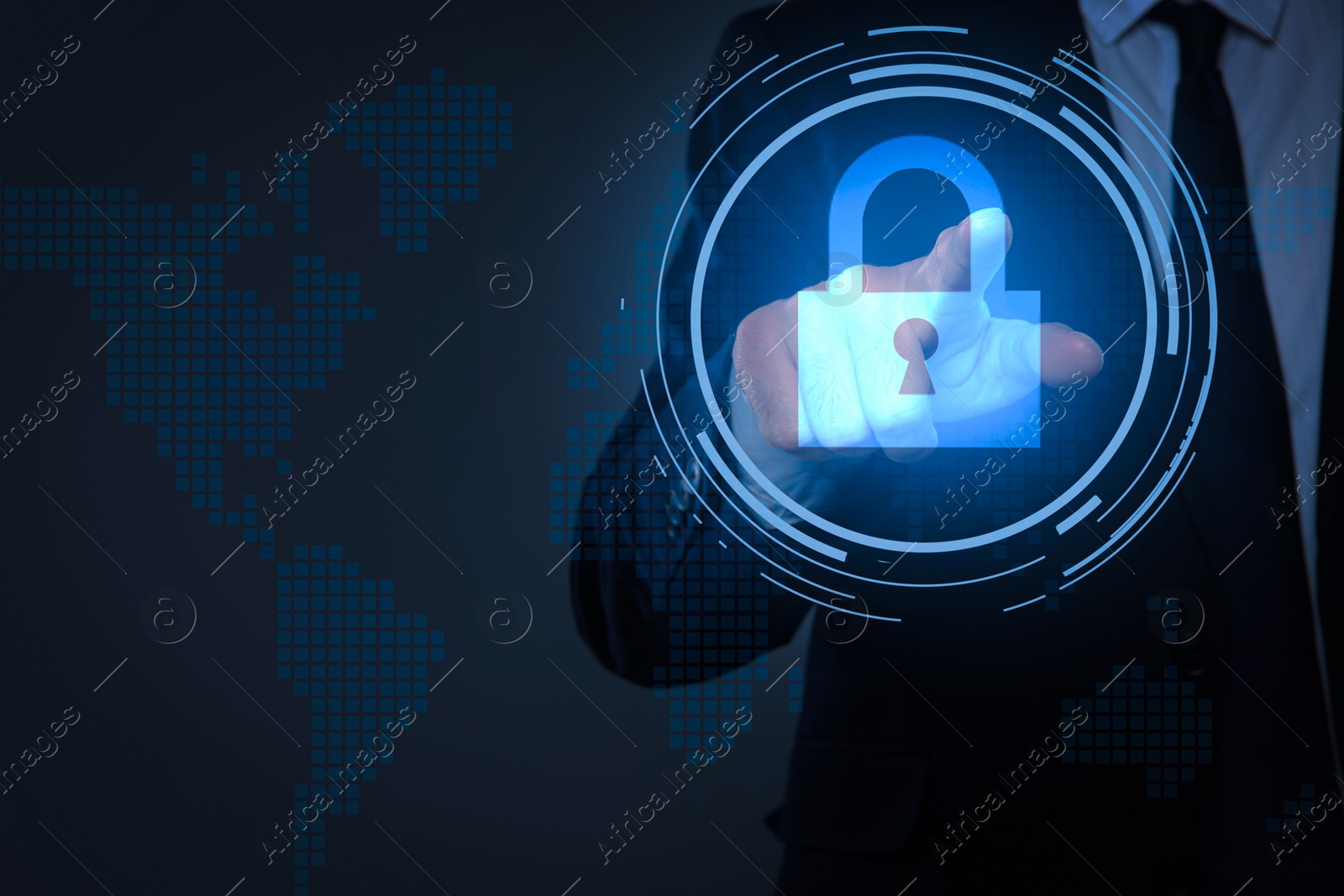 Image of Cyber security concept. Man pointing at virtual screen with padlock icon on dark background, closeup