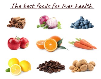 Image of List of the best foods for liver health. Collage with different tasty fresh products on white background