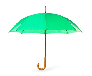 Photo of Modern opened green umbrella isolated on white